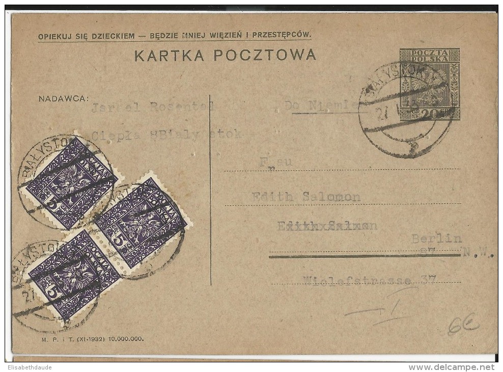 POLOGNE - 1933 - CARTE ENTIER De BIALYSTOK Pour BERLIN - Postwaardestukken