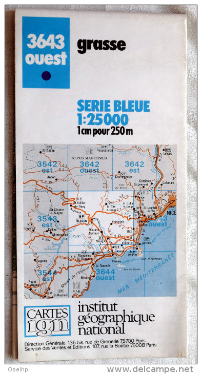 Carte IGN 3643 Ouest GRASSE Série Bleue 1:25000 1987 - Mapas Topográficas