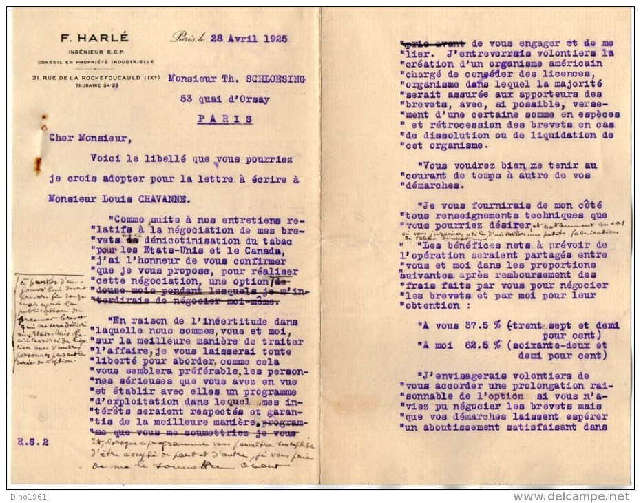 VP3603 -Tabac - Lettre De Mr F. HARLE Ingénieur à PARIS Pour  Mr SCHLOESING - Dokumente