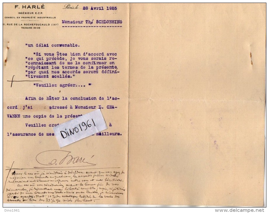 VP3603 -Tabac - Lettre De Mr F. HARLE Ingénieur à PARIS Pour  Mr SCHLOESING - Dokumente