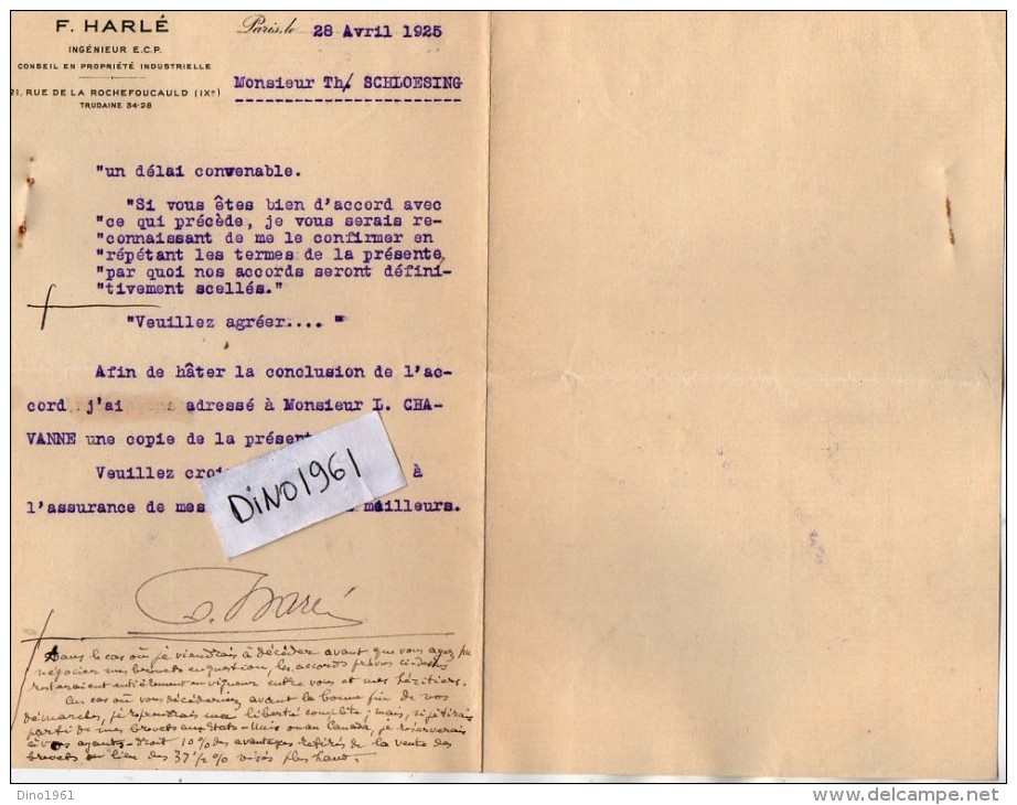 VP3603 -Tabac - Lettre De Mr F. HARLE Ingénieur à PARIS Pour  Mr SCHLOESING - Documents