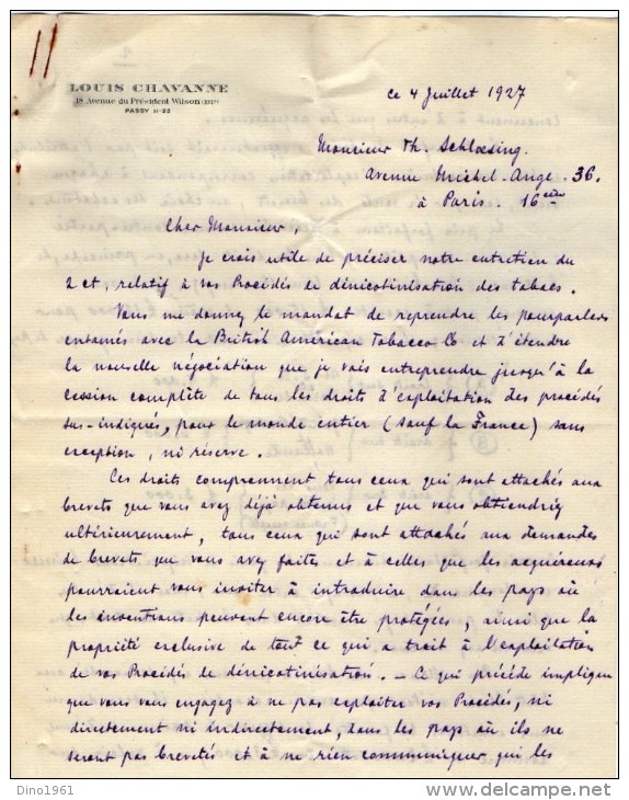 VP3607 -Tabac - Lettre De Mr Louis  CHAVANNE  à  PARIS  Pour  Mr SCHLOESING - Dokumente