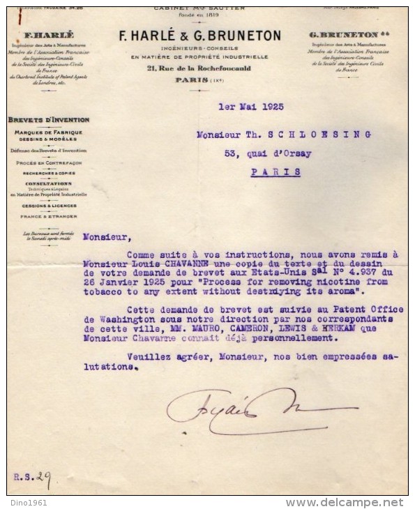 VP3608 -Tabac - Lot De Documents Mrs F. HARLE & G.BRUNETON Ingénieurs - Conseils à PARIS  Pour  Mr SCHLOESING - Documents