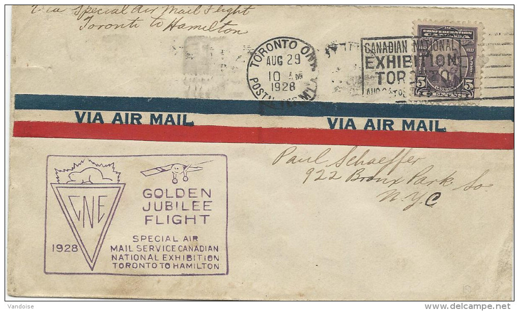 LETTRE 1928 AVEC CACHET EXHIBITION TORONTO GOLDEN JUBILEE FLIGHT TORONTO TO HAMILTON - Premiers Vols