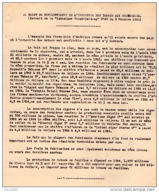 VP3609 -Tabac - Lot De Divers Documents Sur Le Développement De L'industrie Des Tabacs Aux Etat - Unis - Documents