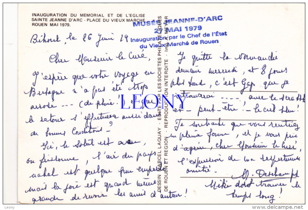CPM De ROUEN " INAUGURATION Du MEMORIAL Et De L' EGLISE SAINTE JEANNE D' ARC - Place Du VIEUX MARCHE - CACHET 1979 - Inwijdingen