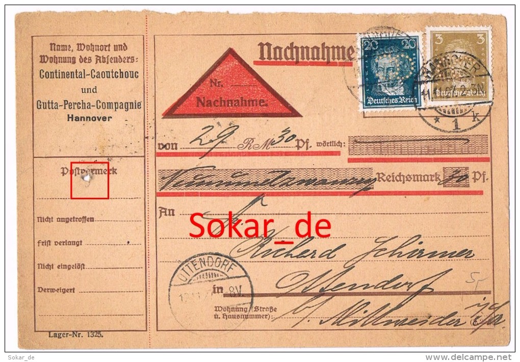 Nachnahme 1927  DR Firmenlochung Perfin CC Continental - Caoutchouc Hannover - Cartas & Documentos