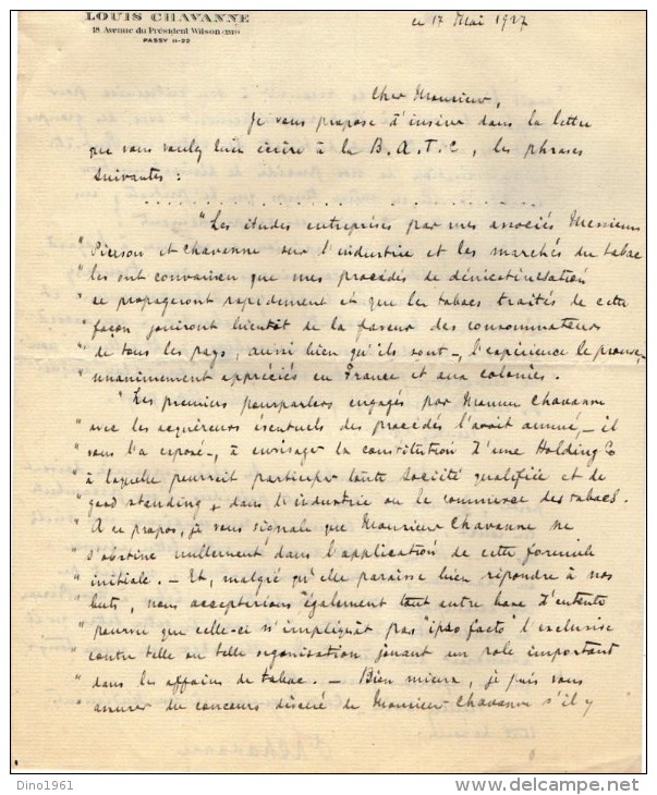 VP3613 - Tabac - Lettre De Mr Louis CHAVANNE à PARIS Pour Mr SCHLOESING - Documentos