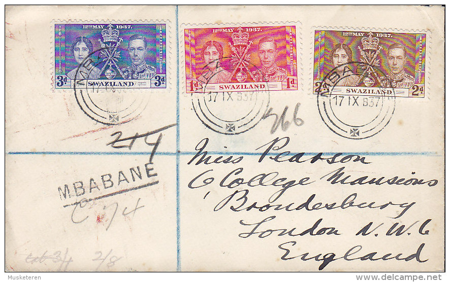 Swaziland MBABANE 1937 Cover Brief GVI. Coronation Issue Complete Set (2 Scans) - Swaziland (...-1967)