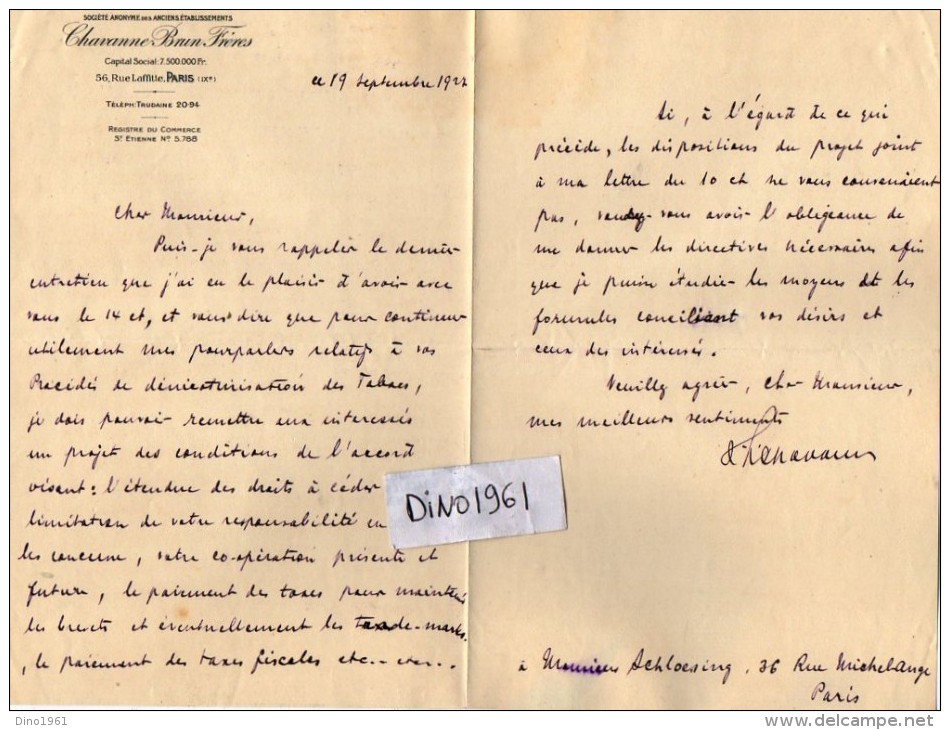 VP3621 - Tabac - Lettre De Mr  CHAVANNE BRUN Frères à PARIS Pour Mr SCHLOESING - Dokumente