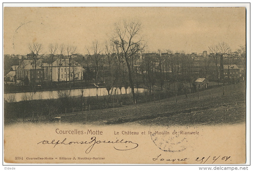 Courcelles Motte Le Chateau Et Le Moulin De Rianwelz Timbrée De Gouvret 1904 - Courcelles