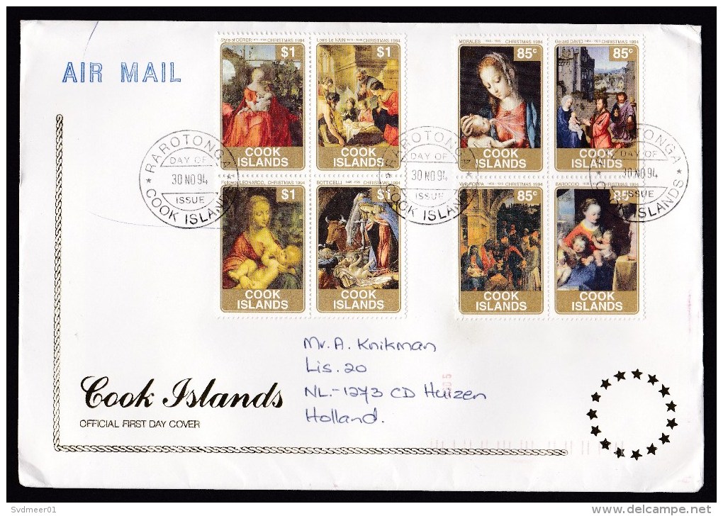 Cook Islands: FDC First Day Cover To Netherlands, 1994, 8 Stamps, Paintings, Christmas, Birth Of Christ (minor Damage) - Cookeilanden