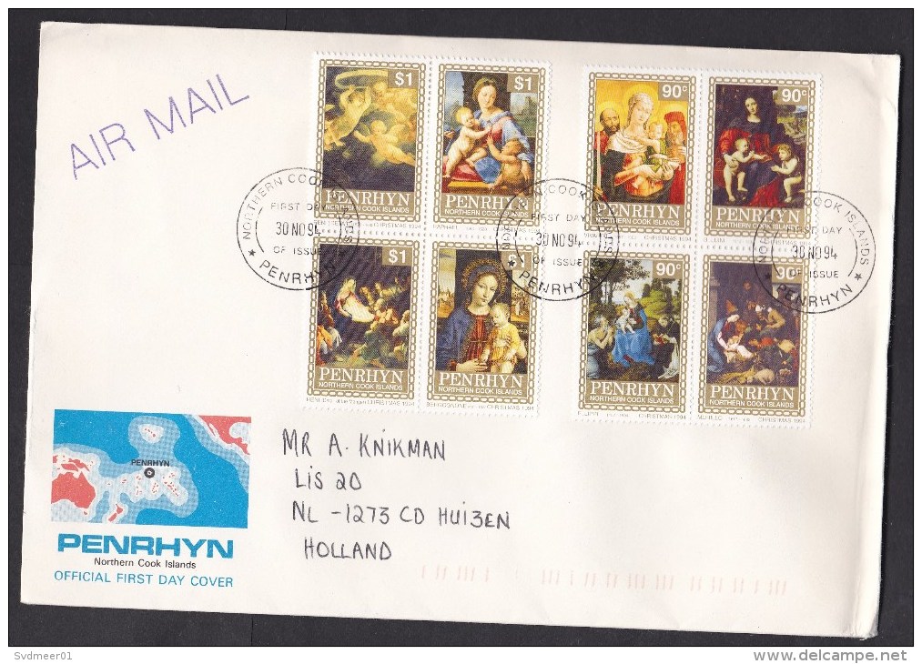 Penrhyn: FDC First Day Cover To Netherlands, 1994, 8 Stamps, Paintings, Christmas, Birth Of Christ (traces Of Use) - Penrhyn