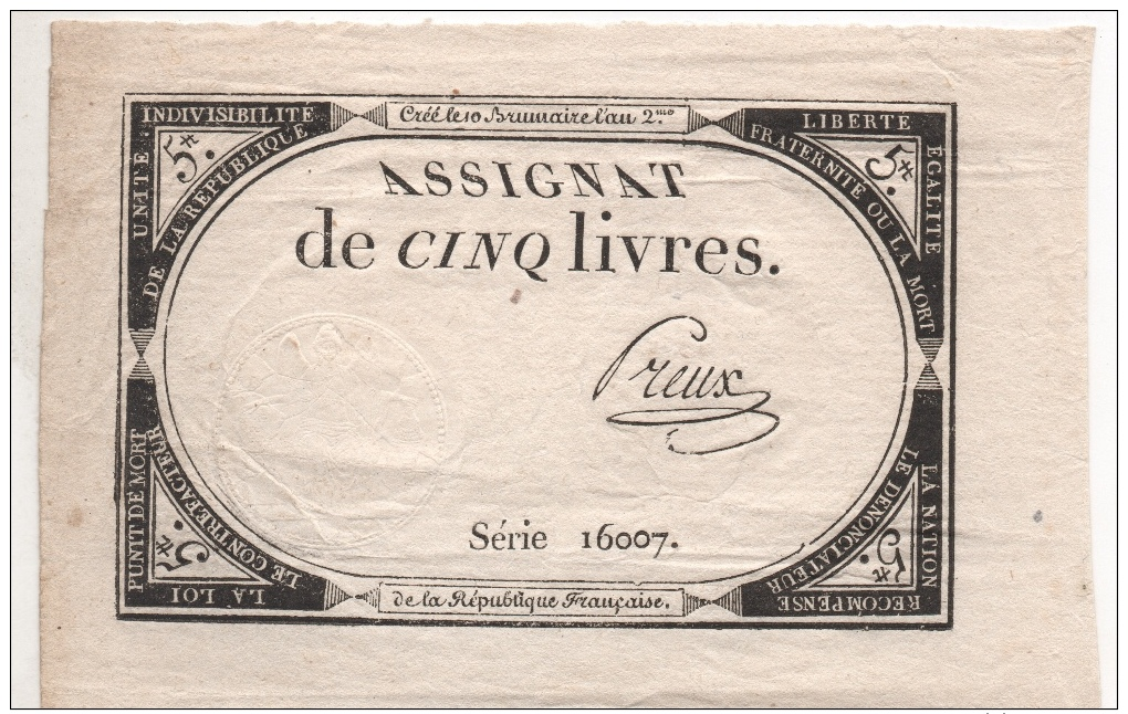 3 Assignats De 5 Livres Du 10 Brumaire An 2 Non Découpés Avec 3 Signatures - Assignats