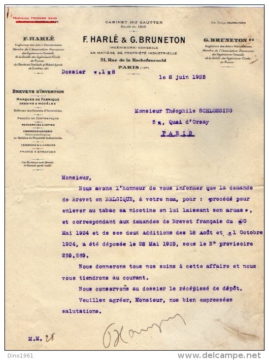 VP3624 -Tabac - Lot De Lettre De Mrs F.HARLE & G.BRUNETON Concernant Les Brevets D´Invention De Mr SCHLOESING à PARIS - Documenti