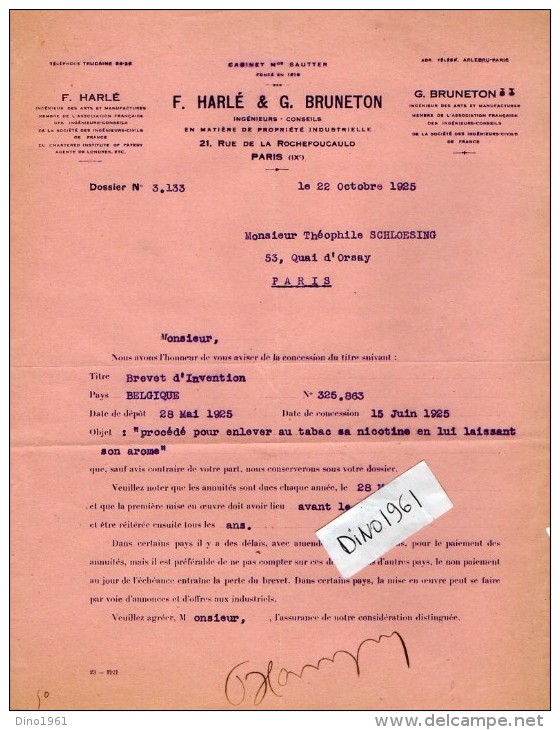 VP3624 -Tabac - Lot De Lettre De Mrs F.HARLE & G.BRUNETON Concernant Les Brevets D´Invention De Mr SCHLOESING à PARIS - Documentos