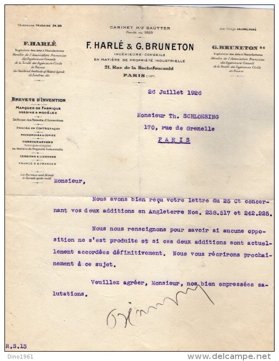 VP3624 -Tabac - Lot De Lettre De Mrs F.HARLE & G.BRUNETON Concernant Les Brevets D´Invention De Mr SCHLOESING à PARIS - Dokumente