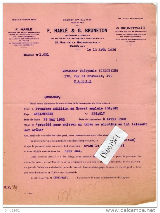 VP3624 -Tabac - Lot de Lettre de Mrs F.HARLE & G.BRUNETON Concernant les Brevets d´Invention de Mr SCHLOESING à PARIS