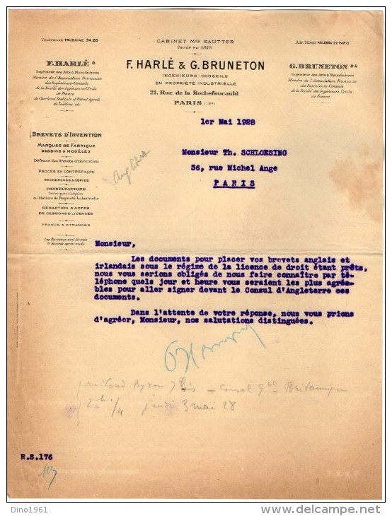 VP3624 -Tabac - Lot de Lettre de Mrs F.HARLE & G.BRUNETON Concernant les Brevets d´Invention de Mr SCHLOESING à PARIS