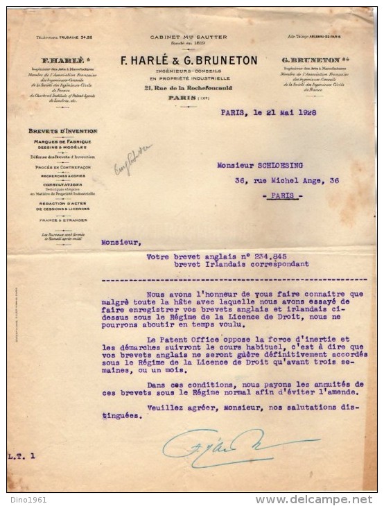 VP3624 -Tabac - Lot de Lettre de Mrs F.HARLE & G.BRUNETON Concernant les Brevets d´Invention de Mr SCHLOESING à PARIS