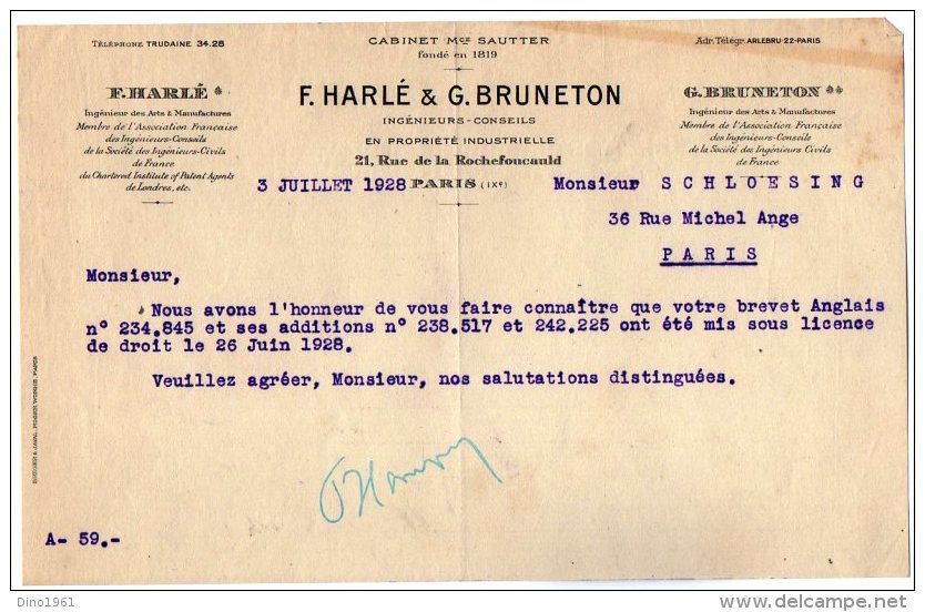 VP3624 -Tabac - Lot de Lettre de Mrs F.HARLE & G.BRUNETON Concernant les Brevets d´Invention de Mr SCHLOESING à PARIS