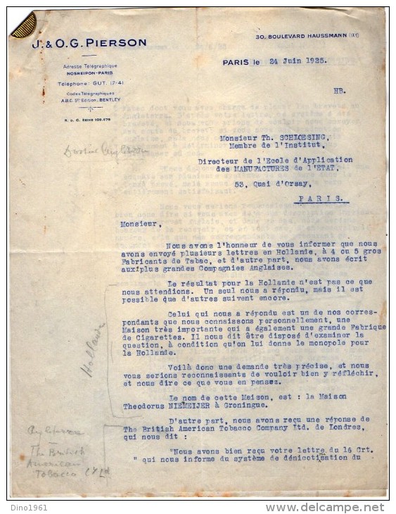 VP3625 - Lot De Lettres De Mrs J.& O.G. PIERSON  Concernant La Vente & Fabrication Du Tabac Pour Mr SCHLOESING à PARIS - Documenti