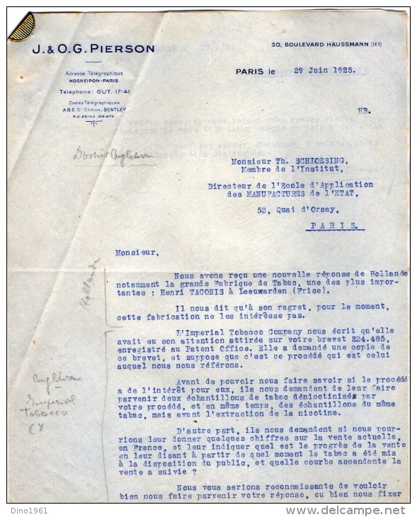 VP3625 - Lot De Lettres De Mrs J.& O.G. PIERSON  Concernant La Vente & Fabrication Du Tabac Pour Mr SCHLOESING à PARIS - Dokumente