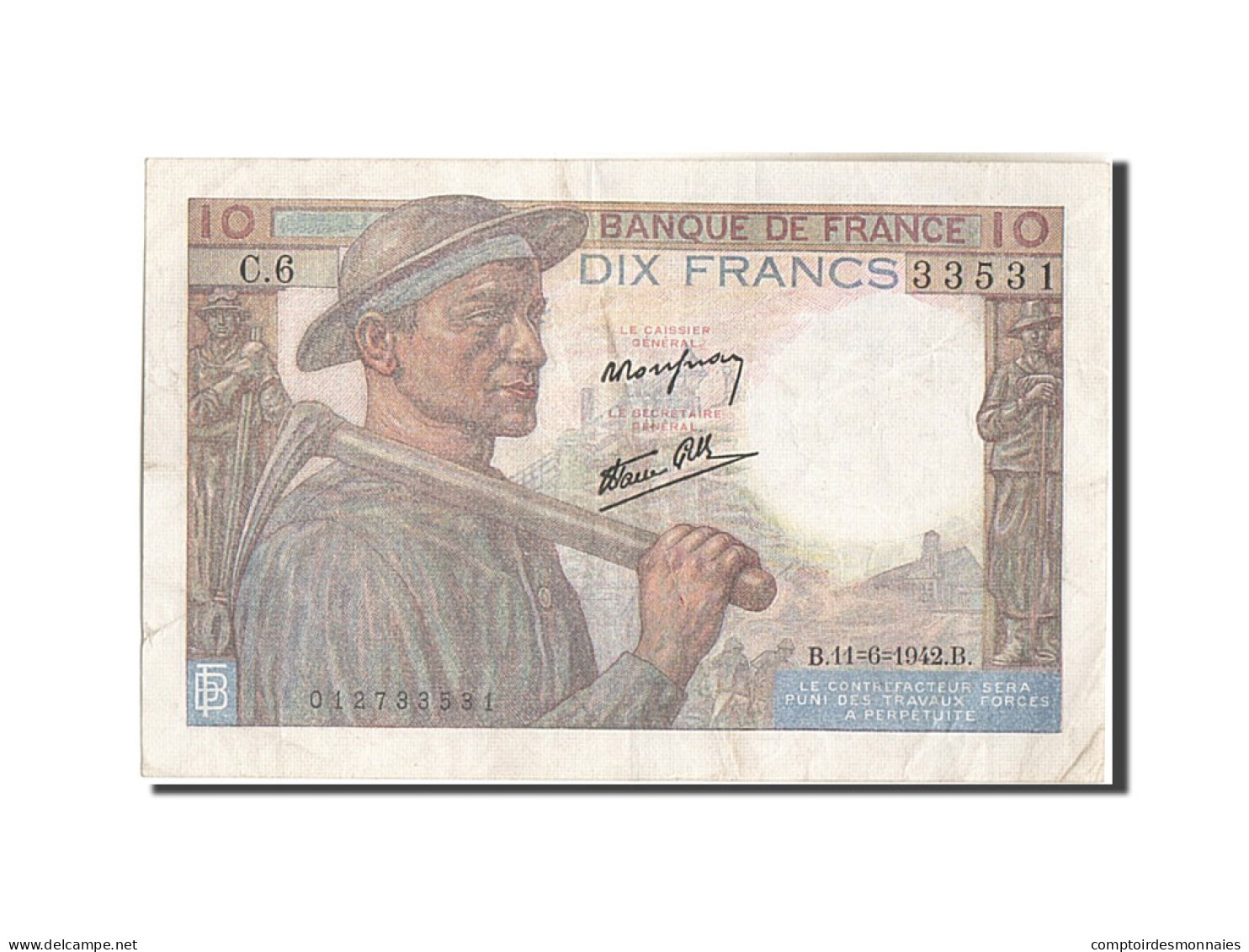 Billet, France, 10 Francs, 10 F 1941-1949 ''Mineur'', 1942, 1942-06-11, SUP - 10 F 1941-1949 ''Mineur''