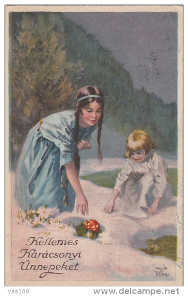 CPA ILLUSTRATION, MAXIM TRUBE- CHILDRENS PICKING MUSHROOM, WINTER LANDSCAPE - Trübe, Maxim