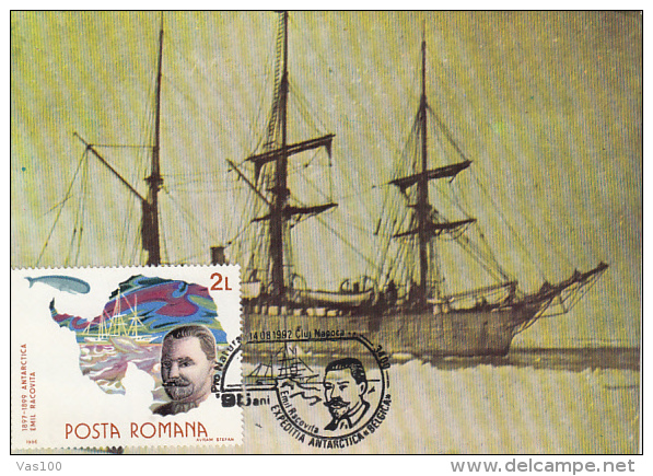 EMIL RACOVITA, BELGICA ANTARCTIC EXPEDITION, SHIP, CM, MAXICARD, CARTES MAXIMUM, 1992, ROMANIA - Spedizioni Antartiche