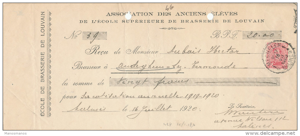 325/24 - BRASSERIE Belgique - Reçu 1920 Du Brasseur Dubois à AUDEGEM - Ecole De Brasserie De LOUVAIN - Bières