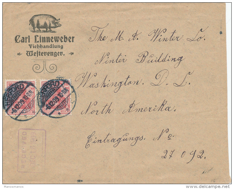 331/24 - ALLEMAGNE - Lettre Illustrée COCHON - Carl Linneweber à HERFORD 1909 Vers USA - Farm