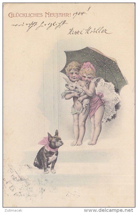 Wichera - Sweet Girls W Piglet & Umbrella French Bulldog Postcard 1903 - Wichera