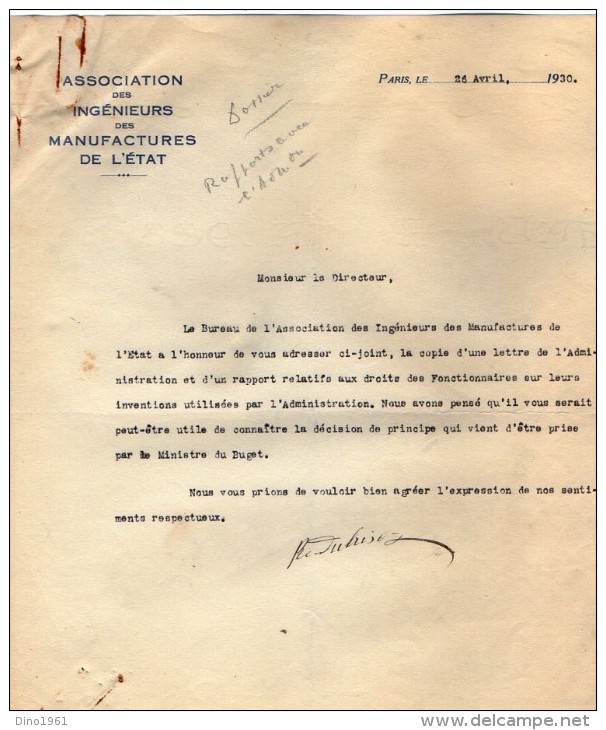 VP3629 - Tabac - Lot De Documents Des Manufactures De L´Etat & Du Ministère Au Sujet Des Inventions De Mr SCHLOESING - Documenten