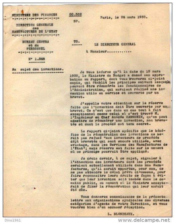 VP3629 - Tabac - Lot De Documents Des Manufactures De L´Etat & Du Ministère Au Sujet Des Inventions De Mr SCHLOESING - Documenten