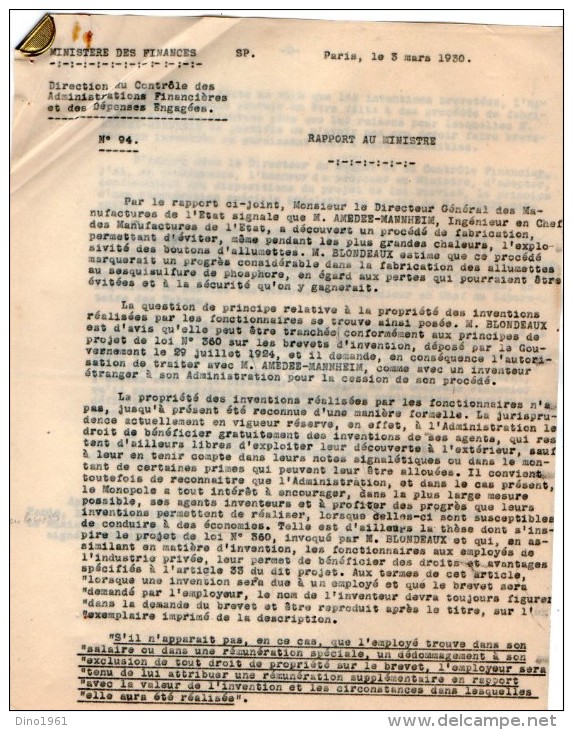 VP3629 - Tabac - Lot De Documents Des Manufactures De L´Etat & Du Ministère Au Sujet Des Inventions De Mr SCHLOESING - Documenti