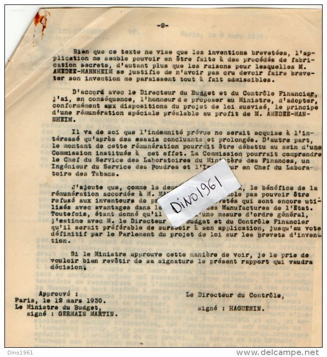 VP3629 - Tabac - Lot De Documents Des Manufactures De L´Etat & Du Ministère Au Sujet Des Inventions De Mr SCHLOESING - Dokumente