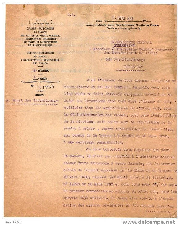 VP3629 - Tabac - Lot de Documents des Manufactures de l´Etat & du Ministère au sujet des Inventions de Mr SCHLOESING