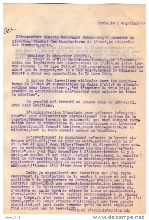 VP3629 - Tabac - Lot de Documents des Manufactures de l´Etat & du Ministère au sujet des Inventions de Mr SCHLOESING