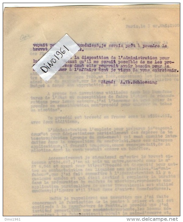 VP3629 - Tabac - Lot de Documents des Manufactures de l´Etat & du Ministère au sujet des Inventions de Mr SCHLOESING