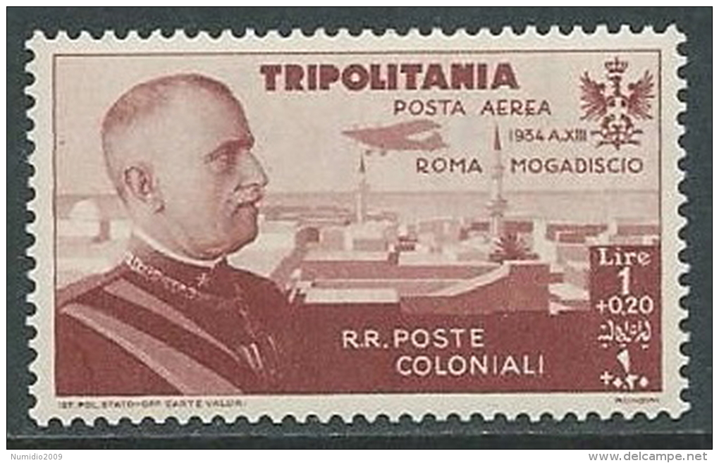 1934 TRIPOLITANIA POSTA AEREA VOLO ROMA MOGADISCIO 1 LIRA MH * - K116-8 - Tripolitania