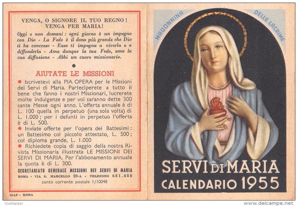 04056 "SEGRETARIATO GENERALE MISSIONI DEL SERVI DI MARIA - ROMA - MADONNINA DELLE LACRIME" CALENDARIO 1955 - Tamaño Grande : 1941-60