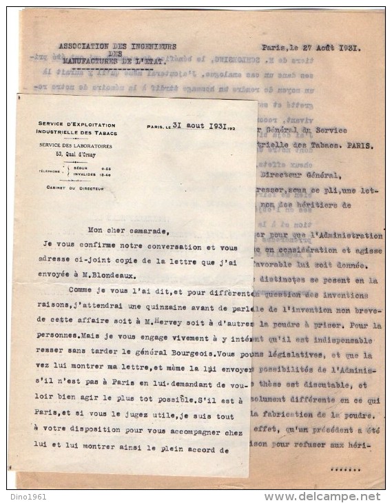 VP3631 - Lettres De L´Association Des Ingénieurs Des Manufactures De L´Etat & Du Service D´Exploitatoin à PARIS - Dokumente