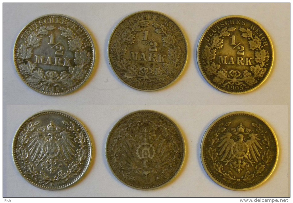 Monnaie - Allemagne - 3 Pièces Argent Sylver - Deutches Reich - 1/2 Mark - 1906 D - 1913 D - 1905 E - 1/2 Mark