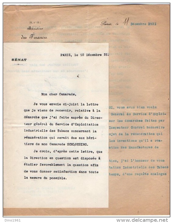 VP3632 - Lettres De Mr Le Général BOURGEOIS Sénateur & Du Ministère Des Finances à PARIS Au Sujet De Mr SCHLOESING - Documentos