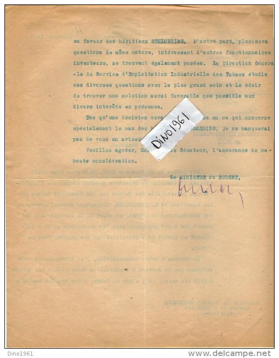 VP3632 - Lettres De Mr Le Général BOURGEOIS Sénateur & Du Ministère Des Finances à PARIS Au Sujet De Mr SCHLOESING - Dokumente