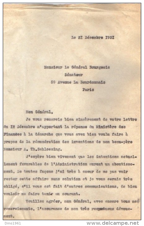 VP3632 - Lettres De Mr Le Général BOURGEOIS Sénateur & Du Ministère Des Finances à PARIS Au Sujet De Mr SCHLOESING - Documents