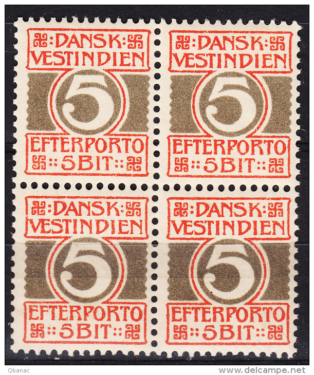 Denmark Danish Antilles (West India) 1905 Porto Mi#5 Yvert#5 Mint Never Hinged Block Of Four - Dinamarca (Antillas)