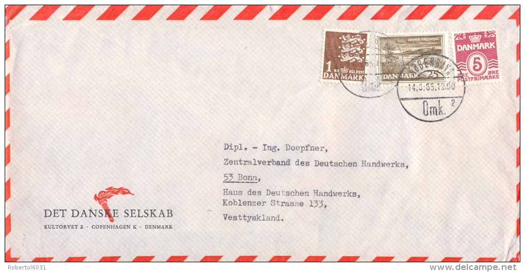 Denmark 1965 Cover To Germany BRD With 25 ø Preservation Of Natural Treasures + 5 ø + 1 Kr. State Seal - Legumbres