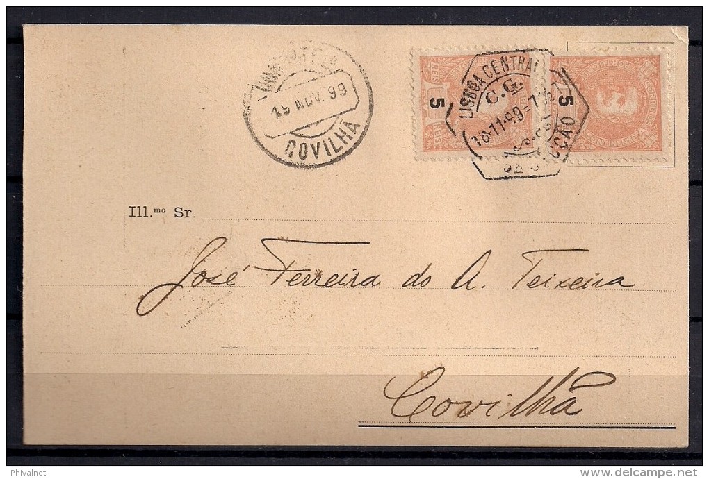 CARLOS I , 1899 , TARJETA COMERCIAL CIRCULADA ENTRE LISBOA Y COVILHA , MAT. LISBOA CENTRAL , LLEGADA - Storia Postale